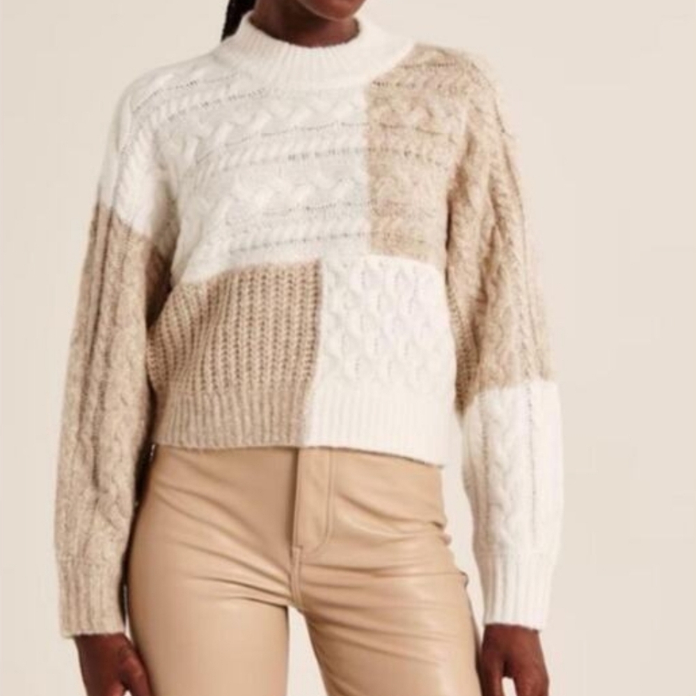 Abercrombie & Fitch Tonal Patchwork Mixed Cable Knit Chunky Sweater Cream XS